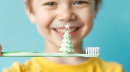 Portrait of a smiling child, holding a green toothbrush horizontally, toothpaste shaped as a Christmas tree.