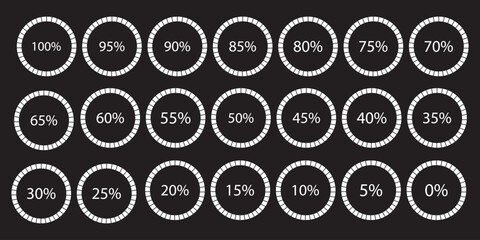 Percentage number icon set vector illustration featuring segmented blue radial pie charts displaying progress from 0% to 100%, perfect for data visualization, infographics, and loading indicators.