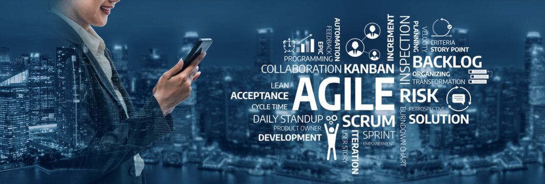 A professional woman interacts with her smartphone against a city skyline backdrop, surrounded by keywords related to agile methodologies and business strategies. Tessel
