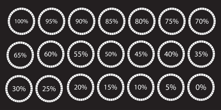 Percentage number icon set vector illustration featuring segmented blue radial pie charts displaying progress from 0% to 100%, perfect for data visualization, infographics, and loading indicators.