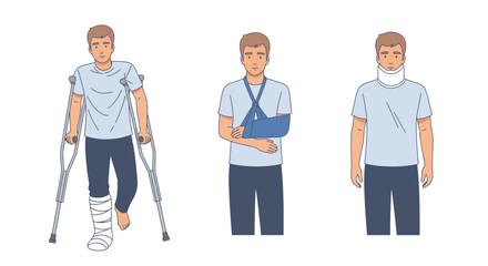 Man with a cast, arm sling, and neck brace shows injury and recovery, perfect for healthcare, insurance, and medical illustration needs featuring vector design