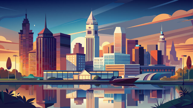 Very beautiful semi-realistic vector view of downtown Cleveland, Ohio, featuring a clean skyline, modern high-rise silhouettes, calm waterfront, soft evening light, and a clear atmospheric horizon sui