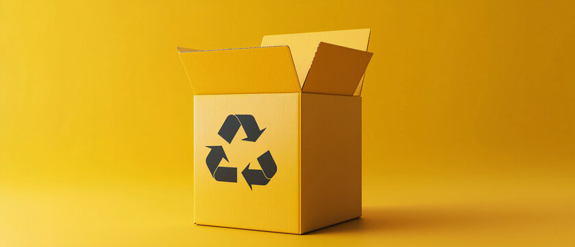 Yellow Recycling Box on Bright Yellow Background with Eco Symbol