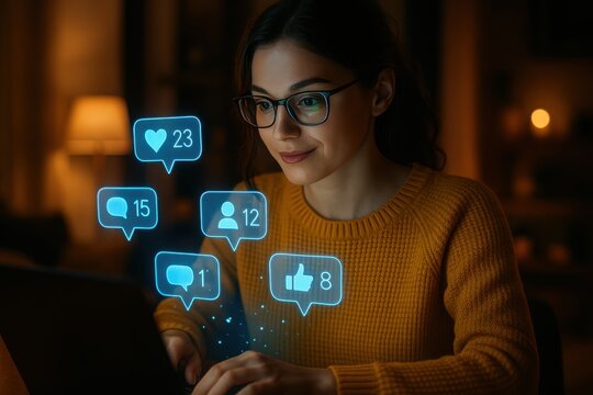 Digital Interactions: A young individual engrossed in an illuminated display, surrounded by digital symbols representing connections and activity. The person navigates a digital world, where likes.