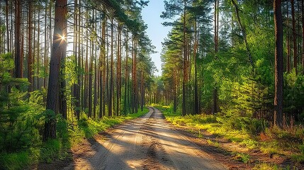 Obraz premium Forest road landscape view with sun rays shining through trees in summer nature scene with lush green foliage