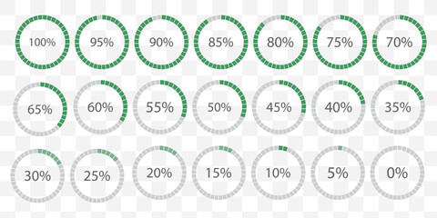 Percentage infographics flat elements. Round diagrams icons for infographics from 0 to 100 percent. Circle graph loading progress templates. Green, grey color fill divided pie charts indicators