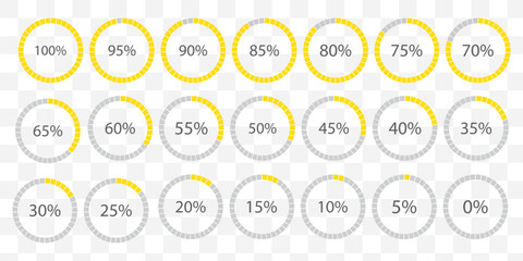 Percentage infographics flat elements. Round diagrams icons for infographics from 0 to 100 percent. Circle graph loading progress templates. Green, grey color fill divided pie charts indicators