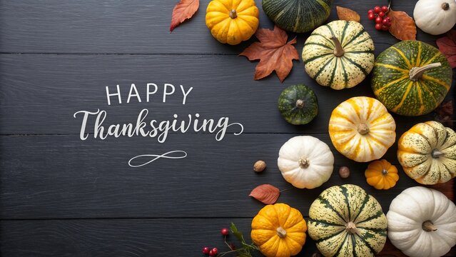 Festive Autumn Harvest Scene with Pumpkins and Thanksgiving Greetings on Dark Wooden Background
