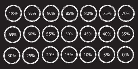 Percentage infographics flat elements. Round diagrams icons for infographics from 0 to 100 percent. Circle graph loading progress templates. Green, grey color fill divided pie charts indicators
