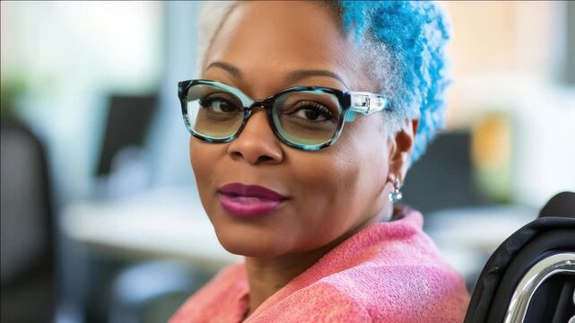 Woman with blue hair and glasses smiling at camera in office. Successful, confident professional adapting to workplace.