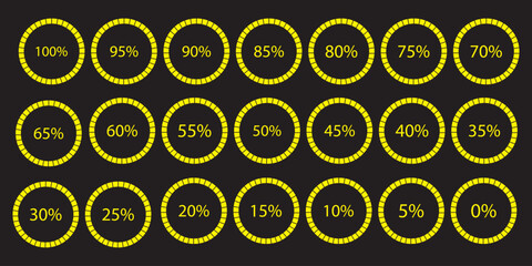 Percentage infographics flat elements. Round diagrams icons for infographics from 0 to 100 percent. Circle graph loading progress templates. Green, grey color fill divided pie charts indicators