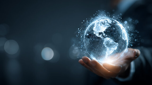 Man holding glowing digital earth with interconnected lines and particles holographic technology