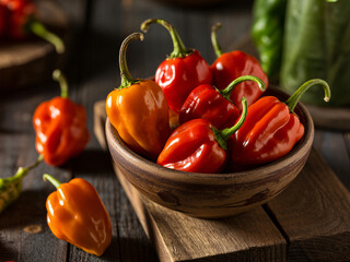 Add fiery flavor to your dishes with these vibrant habanero peppers in a rustic bowl, promising a spicy culinary adventure and bold taste sensations