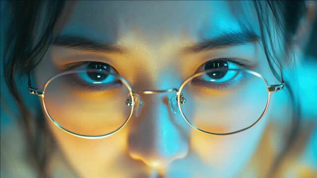 Close-up portrait of a young Asian woman in glasses, looking contemplative