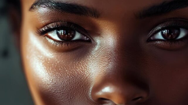Close-up portrait focusing on the detailed skin texture of an African American woman with intense brown eyes, showcasing her pigmentation and facial features.
