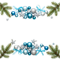 Festive blue and silver christmas ornaments with pine branches