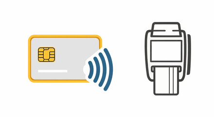 Graphic representation of a credit card with contactless payment waves next to a point of sale terminal, symbolizing secure financial transactions and modern purchasing methods