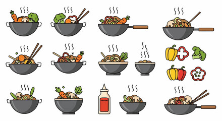 Collection of diverse Asian wok dishes and ingredients, perfect for culinary inspiration and food service concepts