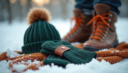 Warm knit hat, gloves, and scarf lay on snow beside brown hiking boots with orange laces. Winter outdoor gear for cold weather adventures and travel. Ready for snow.