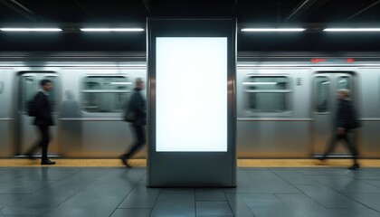 Blank billboard in subway. Vertical banner near passing train with motion blur. People walk by. Mock up template for advertisement design or marketing campaign in metropolitan transport.
