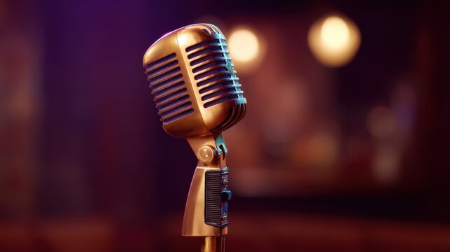 Vintage retro microphone on stage with warm soft lighting, capturing the essence of live music, performances, and sound technology in artistic ambiance