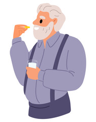 Elderly man takes pills. Old man holds capsule and glass of water in hands. Medicaments for treatment. Senior patient. Prescription remedy. Pharmacy tablets for grandfather. Vector concept