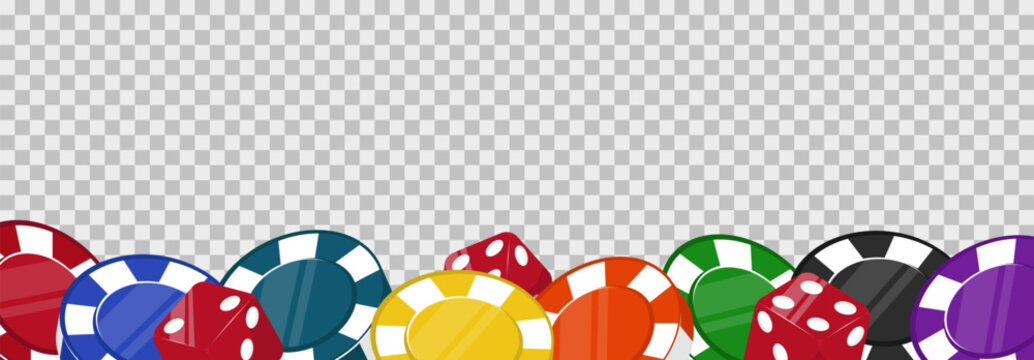 Frame made of dice and colorful poker chips for casino games on transparent background. Gambling game winner. Plastic 3D tokens heap border. Vegas roulette win. Vector jackpot backdrop