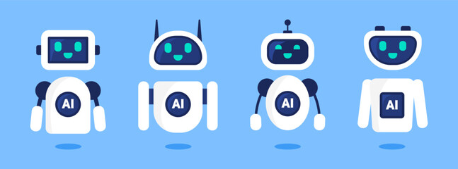 AI Robot Set. Flat-style artificial intelligence robots. Vector
