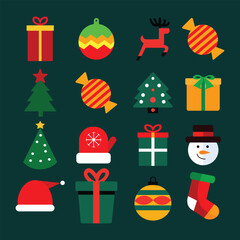 Colorful Christmas vector icons featuring a gift box, candy cane, star, snowman, Christmas tree, poinsettia, stocking, bell, and ornament. Festive flat-design symbols perfect for holiday and winter pr