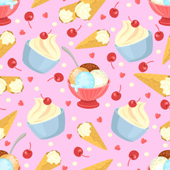 Delicious ice cream in bowl and waffle cone with fruits. Cold desserts seamless pattern. Vanilla frozen product cup with cherry. Repeated print. Summer refreshing food. Vector background