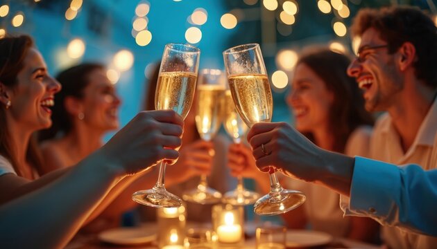Group of friends toast champagne at night. People celebrate together with glasses filled with sparkling wine. Happiness, fun at festive gathering under decorative lights. Celebrating joy,