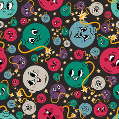 Cheerful cartoon round bombs with burning fuse cords. Explosive dynamite bang characters seamless pattern. Repeated print. Grenade gunpowder detonation. TNT wick fire. Vector background