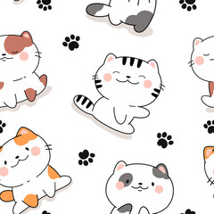 Seamless pattern with cute kawaii cats, fabric print.