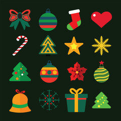 Colorful Christmas vector icons featuring a gift box, candy cane, star, snowman, Christmas tree, poinsettia, stocking, bell, and ornament. Festive flat-design symbols perfect for holiday and winter pr
