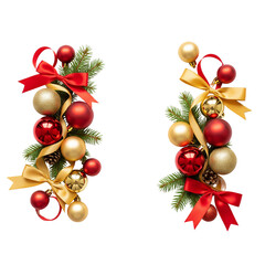 Festive christmas ornaments and ribbons on white background