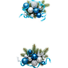 Festive blue and silver christmas ornaments with pine sprigs