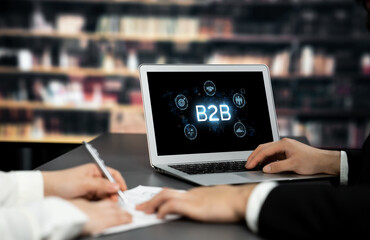 Fototapeta premium Business person navigates B2B landscape, harness technology to enhance business-to-business connections. Discover reshapes B2B interaction, driving innovation in business-to-businesses strategy. brisk
