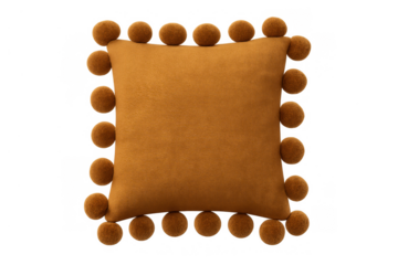 Mustard yellow square cushion featuring fluffy pom-poms around the border. Presenting a soft textile pillow for cozy home decor