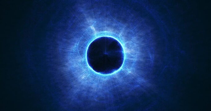 In the depths of space, an abstract star twinkles in the form of a shining energy ball, shrouded in a whirlwind of blue energy flows. Its dark core contrasts with a bright halo, creating the feeling o
