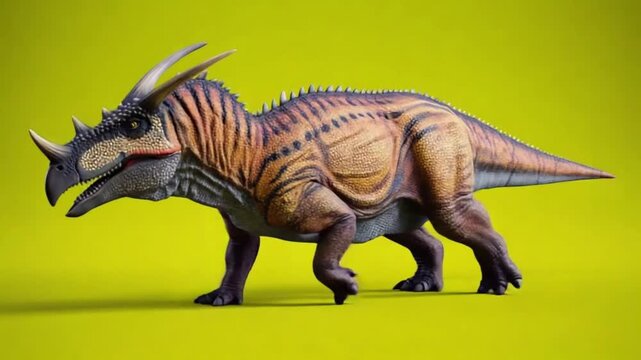 A dinosaur model with horns and stripes on a yellow background standing in a studio setting dinosaur green screen video