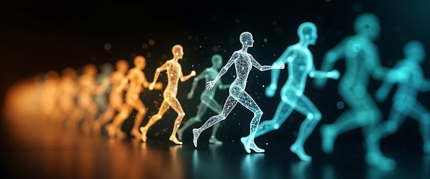 Abstract illustration of running people, glowing with digital effects on a dark background, in a line