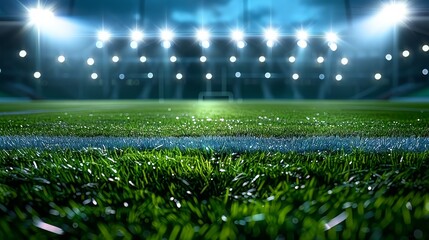 Low angle view of a vibrant green soccer field illuminated by stadium lights at night for a professional sports game or competition