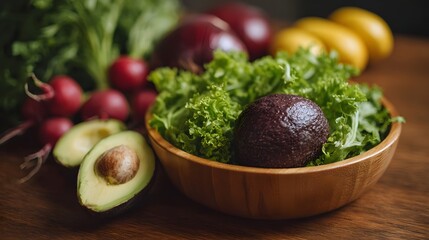Fresh organic salad ingredients avocado lettuce radishes onions and lemons arranged on a wooden surface