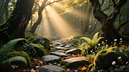 Sunlit Forest Path with Mossy Stones for a Mystical and Tranquil Journey