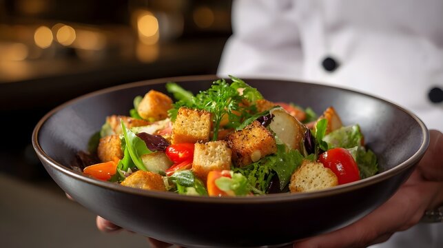 Fresh and vibrant salad with crunchy croutons and cherry tomatoes beautifully plated in a dark bowl by a chef