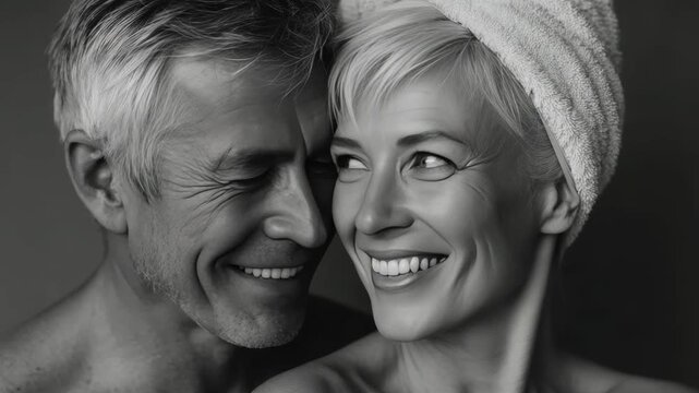 Smiling elderly man and woman together, happy expressions, joyful moment, black and white photo, togetherness, affectionate gesture, domestic life, mature adults, couple's love, sharing happiness,