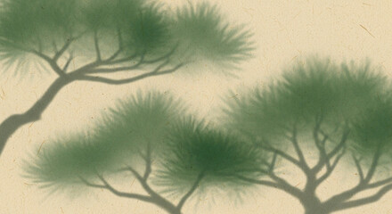 松の木のシルエットのイラスト、和風背景素材、和紙背景、浮世絵風のタッチ