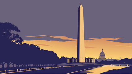 Washington dc skyline with washington monument and capitol building during sunset perfect for travel, tourism, patriotic, and politicalthemed designs and projects.