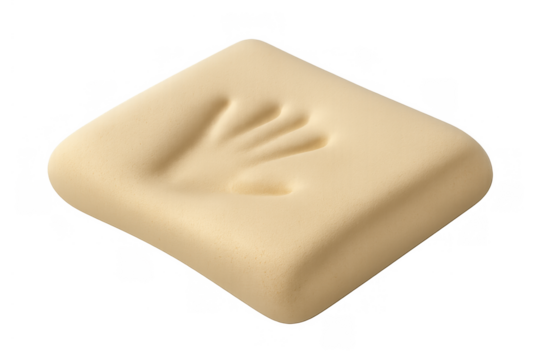 Beige memory foam pillow with an imprinted human hand, illustrating softness, comfort, support, and pressure absorption