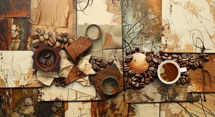 Coffee beans and cup composition on abstract background top-down still life arrangement for creative food photography